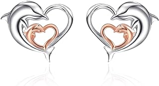 925 Sterling Silver, Rose Gold Plated Double Dolphin Heart Stud Earrings with Cubic Zirconia, Push Back Design - Ideal Gift for Women and Girls