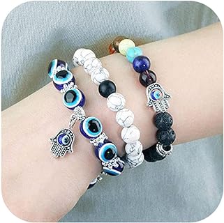 Magnetic Clasp Evil Eye Beaded Bracelet with Bead Chain and Stone - Women's Stretch Initial Bracelets Set