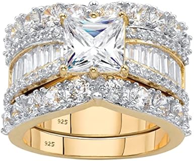 Seashell Engagement Ring with Cubic Zirconia for Her, Gold-Plated Sterling Silver Princess Cut Design, Size 7
