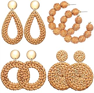 Handmade Boho Rattan Ball Hoop Earrings with French Wire Back Finding for Women, Unique Lightweight Summer Beach Design