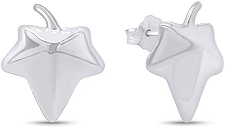 14k White Gold Over Sterling Silver Ivy Leaf Stud Earrings with Push Back for Women, Nature Inspired Design