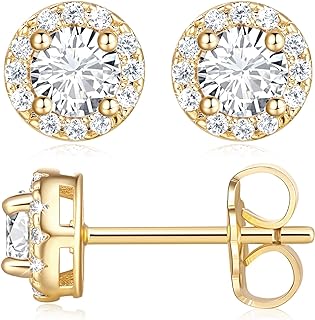 Elegant Cubic Zirconia-Encrusted 14K Gold Stud Earrings With French Wire Clasp For Women By DZCYAN - Hypoallergenic Yellow Gold Studs