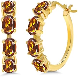 Gem Stone King 3.20 Ct Oval Orange Red Madeira Citrine 18K Yellow Gold Plated Silver Hoop Earrings