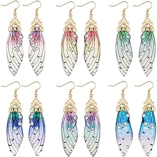 MTLEE 6 Pairs Fairy Earrings for Women Butterfly Wing Earrings Multicolored Long Dangling Earrings for Girls Summer Beach Wedding Party, Handmade Simulation Faerie Cicada Wing Drop Crystal Jewelry