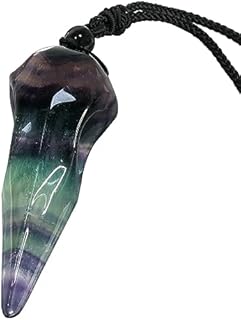 Unisex TUMBEELLUWA Carved Raven Skull Fluorite Stone Pendant Necklace with Adjustable Rope Chain