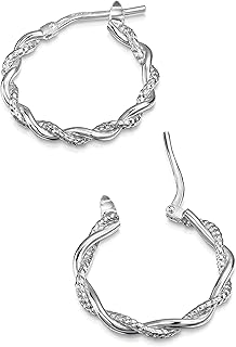 Amberta Boucles d'Oreilles Créoles Torsadées en Argent Sterling 925 avec Fermoir à Bascule de 20.1 mm par 2.5 mm pour Femme, Idéales pour Toute Occasion