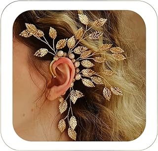 Handmade Nickel Elf Ear Cuff Accented with Delicate Pearls - Fairy Flower and Leaf Design - No Piercing Required - For Left Ear - Ideal for Cosplay and Special Occasions