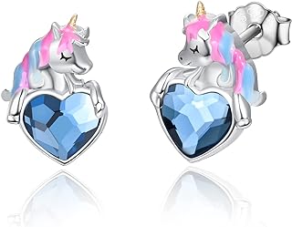 Unicorn Stud Earrings with Crystal Gem in 925 Sterling Silver for Women & Girls, Hypoallergenic Push Back Design