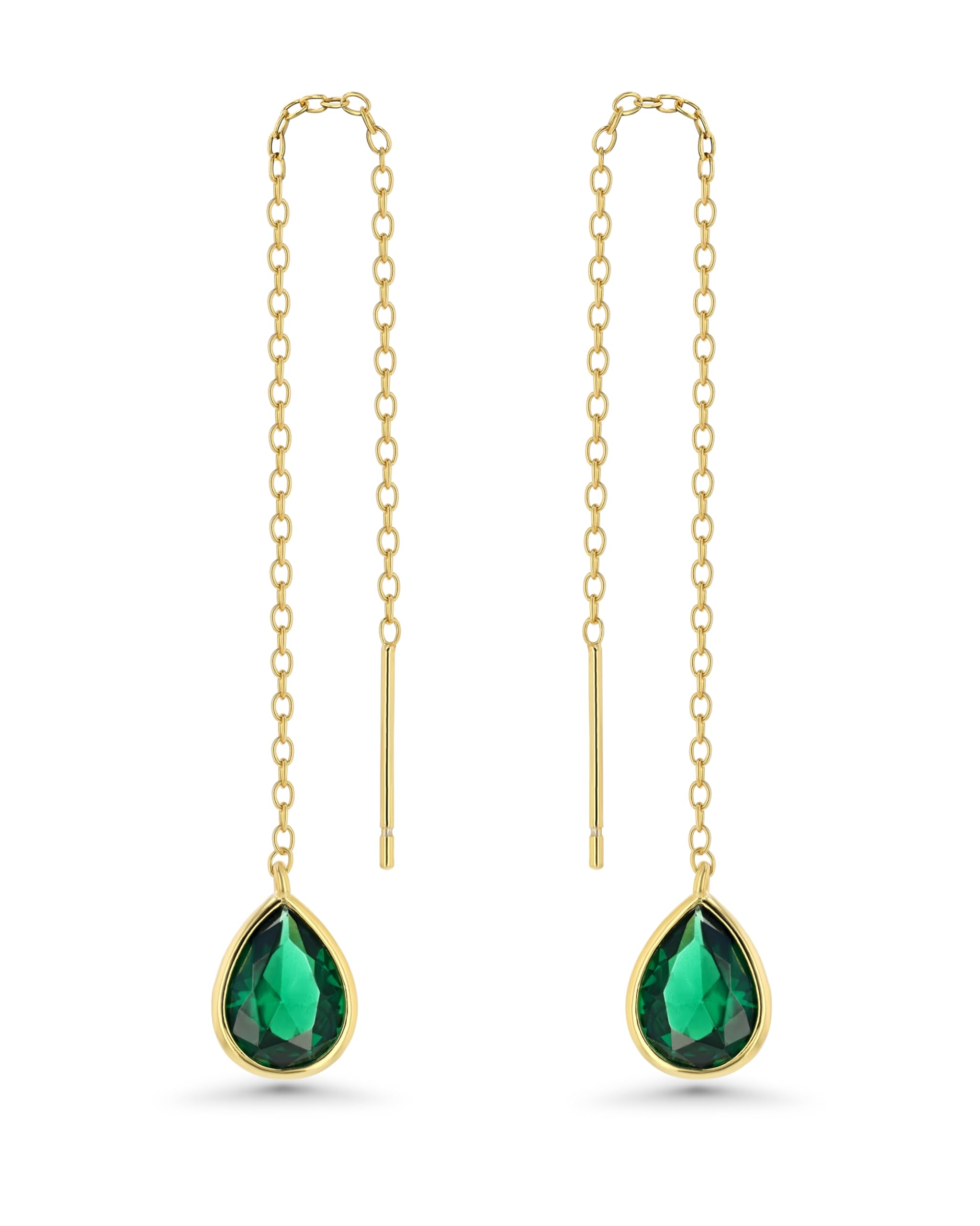 Gold Dangle Earring with Emerald, 18K Gold Plated, Lightweight, Hypoallergenic, Long Chain Earrings for Women, Fashion Statement