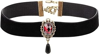 Gothic Ruby Retro Black Velvet Choker Necklace for Women, Halloween Vampire Cosplay Jewelry