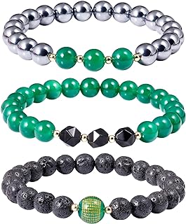 Triple Protection Bracelet Lava Rock/Terahertz/Green Agate 8mm Beads Healing Energy Crystal Essential Oil Diffuses Yoga Friendship Bracelets(3pcs)