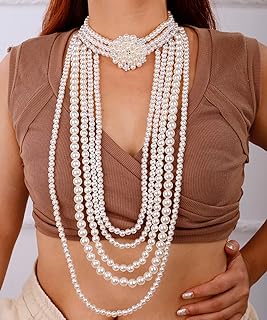 1920s Boho Multilayered Strand Long Faux Pearls Choker Necklace