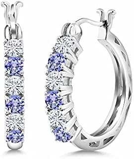 Gem Stone King Sterling Silver Tanzanite and Moissanite 22MM Hoop Earrings with Hinged Notched Post for Women