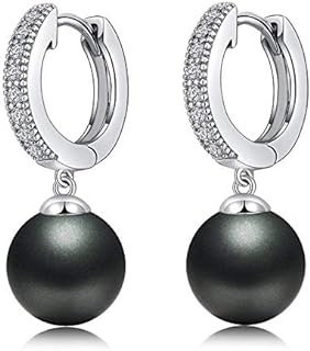 Han han Dangle Earrings for Women: 18K White Gold Plated, 925 Sterling Silver with 10MM Black Pearl. Hypoallergenic with Hoop Back Finding. Elegant and Timeless Jewelry Gift.