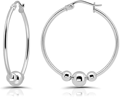 Hoops & Loops 925 Sterling Silver Beaded Ball Click-Top 30mm Hoop Earrings for Women & Teen Girls | Sterling Silver, Yellow & Rose Gold Flash Plated