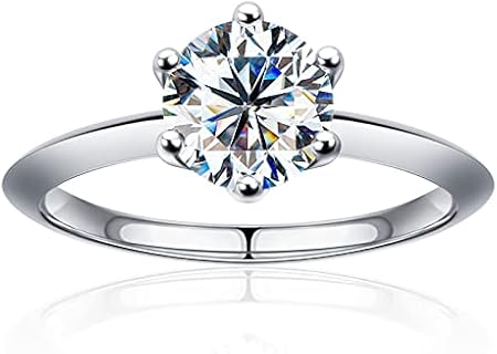 1ct 1.5ct 2ct Moissanite Rings for Women, D Color Round Solitaire Lab Created Diamond Ring 18K White Gold Plated 925 Sterling Silver 6 Prong Moissanite Engagement Ring