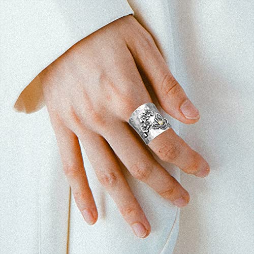 S925 Sterling Silver Big Large Flowers Butterfly Bee Wide Bands Ring for Women Girls,Animal Thumb Index Middle Finger Ring,Retro Vintage Boho Ring Jewelry Gift