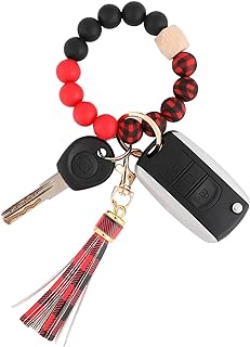 BAOSIWA Women's Versatile Silicone Beaded Bracelet Keychain with PU Leather Tassel & Gold-Plated Clasp - Ideal Gift