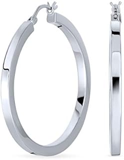 Personalized Simple Large Round Flat Square Tube Big Hoop Earrings For Women .925 Sterling Silver Hinged Notched Post 1.25-1.65 Inch Diameter Customizable
