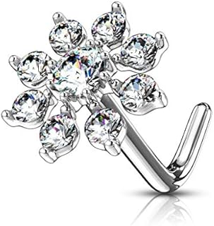 Forbidden Body Jewelry Nose Rings Big Bling CZ Snowflake L-Shaped Nose Stud Surgical Steel (20g,7mm)