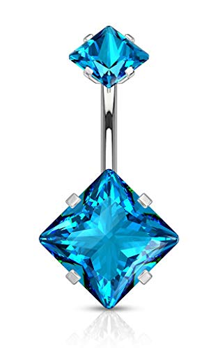 Surgical Steel Belly Button Ring with Square CZ and Internally Threaded Matching Top