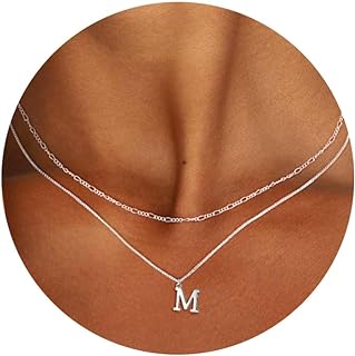 MBW Silver Initial Necklaces for Women Trendy, 14K Layered Necklace for Women Girls Dainty Silver Letter Pendant Figaro Choker Necklaces Costume Monogram Name Necklace Silver Simple Tiny Jewelry Set