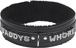 paloli Women Pink Leather Choker Necklace, Punk Gothic Black Fluffy Name Letters Collar Leash Neck Jewelry