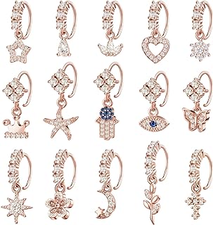 Bonuci 15 Pcs Dangle Nose Rings Hoops Heart Dangle Nose Rings Cartilage Earring Dangling Nose Piercing Jewelry for Women