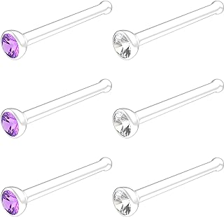 6pcs Clear Nose Rings 20g For Women & Men 2mm CZ Crystal | Biocompatible Clear Plastic Nose Stud 20 Gauge Straight Bar Set | Hypoallergenic Bioflex Clear Nose Piercing Jewelry (choose COLOR)