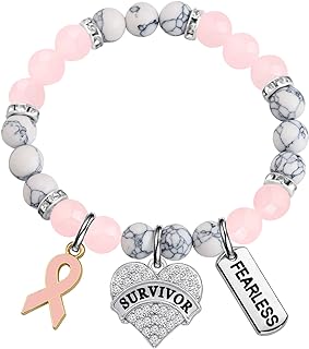 UJIMS Women's Stainless Steel Breast Cancer Survivor Bracelet with Bead Chain and Lobster Claw Clasp, Ribbon Charm Design - A Fighter's Gift from China
