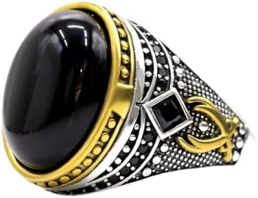 S925 Sterling Silver Age Ring for Men Silver Black Onyx Stone Round Set Cubic Zirconia (CZ) Turkish Ring Vintage Style Wedding Band Jewelry Gift Size 7-12