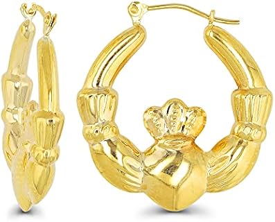 14K Yellow Gold Polished Claddagh Hoop Earrings with Hinged Clasp | Claddagh, Claddagh with Crown and Multimuple Claddagh | Heart Earrings | Solid Gold Earrings For Women and Girls