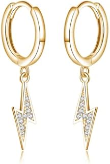 Reffeer Solid 925 Sterling Silver Lightning Bolt Drop Hoop Earrings for Women Girls CZ Lightning Bolt Huggie Earrings Hoops