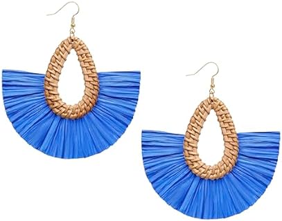 Statement Raffia Tassel Earrings Boho Summer Beach Earrings Lightweight Straw Wicker Dangle Drop Earrings Trendy Rattan Fringe Jewelry for Women Girls