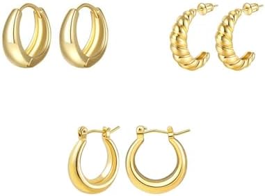 3 Pairs 14K Gold Plated Hoop Earrings Set for Women Chunky Hoops Twisted Huggie Hoop Multipack Hypoallergenic Earrings for Girls Gift