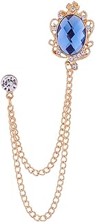Vintage Gemstone Chain Brooch Pin,Rhinestone Long Chain Tassel Suit Pin Zircon Oval Gem Lapel Pin Jewelry for Women Men
