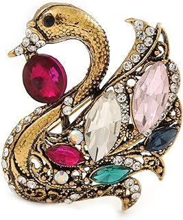 Vintage Inspired Multicoloured Swan Brooch in Aged Gold Tone Metal - 45mm L