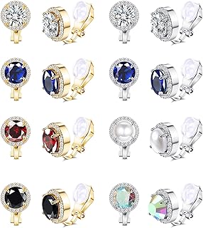 LOYALLOOK 8Pairs Round Clip Earrings for Women Faux Pearl Cubic Zirconia Non Piercing Clip On Earrings Fashion Mixed Color Non Pierced Earrings Set