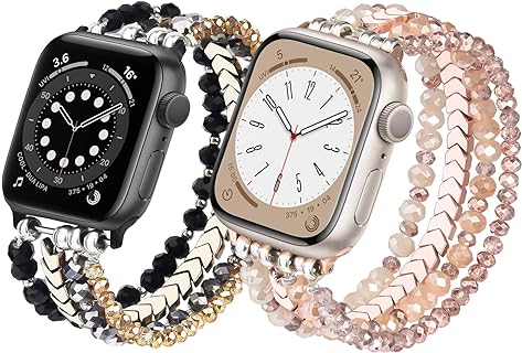 MOFREE 2 Pack Beaded Bracelet Compatible for Apple Watch Band 38mm 40mm 41mm 42mm 44mm 45mm Women, Fashion Handmade Elastic Stretch Strap for Apple iWatch Series SE 9 8 7 6 5 4 3 2 1