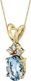 Spring Ring Clasp 14K Yellow Gold Aquamarine Pendant Necklace - Diamond Accents for Women - Elegant Oval Design Birthstone Gem