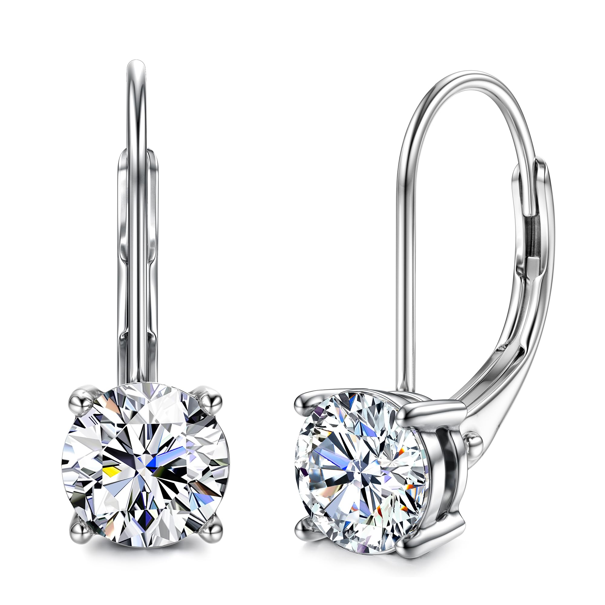 Leverback 1.0ct-2.0ct Moissanite Diamond Drop Earrings in 18K White Gold for Elegant Women, Round Hoop Design