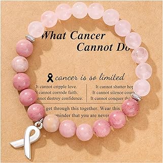 Breast Cancer Awareness Bracelets,Pink Natural Stone Bead Bracelets,Stretch Ribbon Charm Bracelet Inspirational Encouragement Bracelets Gifts for Women Girls Friends Survivor,Fits Most Wrists
