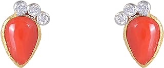 Certified 18K Yellow Gold Stud Earring 1.07 Carats Coral With Brilliant Cut Diamonds 0.10 Carats (H I Color, Vs2 Si1 Clarity) Fine Jewelry For Women Gifts