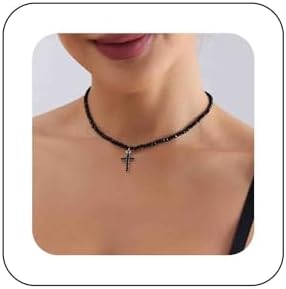 Vintage Spinel Beaded Necklace Black Faith Cross Necklace Crystal Cross Pendant Necklace Spinel Chain Choker Necklace Black Beads Necklace Jewelry for Women and Girls
