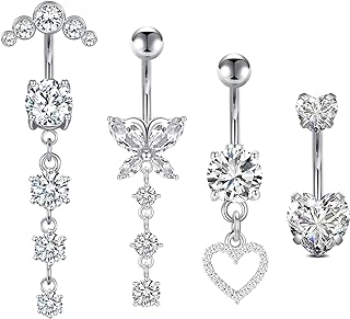 LAURITAMI 14G Dangle Belly Button Rings Surgical Steel Silver Belly Button Rings Dangling CZ Belly Rings for Women Silver Rose Gold Belly Button Piercing Jewelry