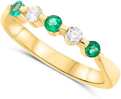 Solid 18k Yellow Gold Ring, Five Stone Stackable Emerald Ring, Genuine Green Emerald Gemstone and Diamond Alternating Luxurious Band Ring For Women Size 7