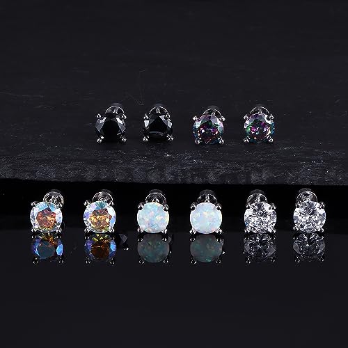 5 Pairs Hypoallergenic Sterling Silver Post Earrings 20G Flat Back Earrings Cartilage Earrings Cubic Zirconia Opal Earrings 18K White Gold Sleep Stud Earrings for Sensitive Ear