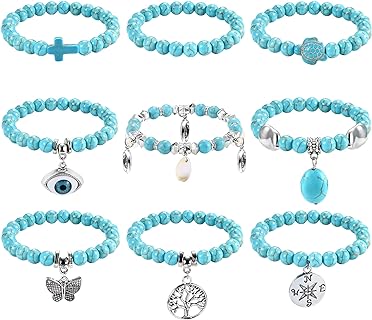 Stylish Western Beaded Bracelets With Cord/Bead Chain and Cubic Zirconia for Women, Turquoise Bead & Alloy Design - ORAZIO 9 Piece Set