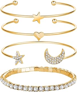 Boho Crystal Stackable Bracelets Gold Star Moon Open Cuff Bangle Bracelet Sets Bangle Bracelet Jewelry for Women and Girls (4Pcs)