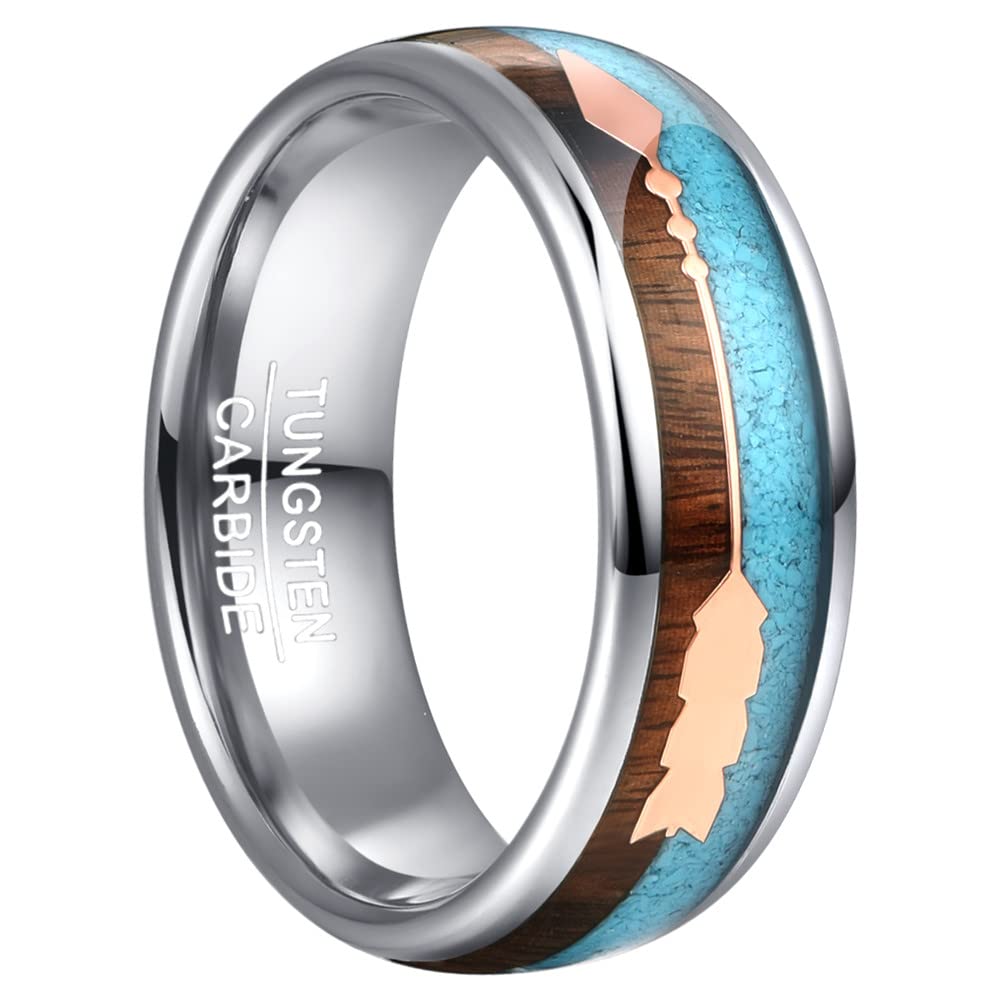 Men's Vakki Tungsten Carbide Wedding Band with Arrow Design, Rose Gold Hue, Koa Wood & Turquoise Inlay - Durable & Hypoallergenic Ring Size 7-12